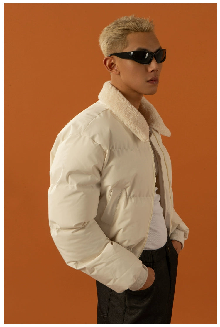 CLP Unisex Short Puffy Jacket with Sherpa Collar-Blue-S-Free Shipping Leatheretro