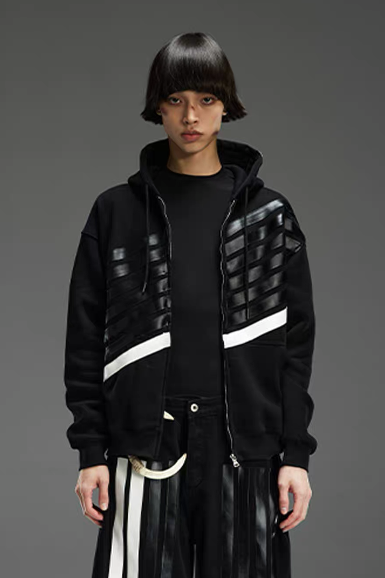 NOTHINGNESS WORLD Four-Stripe Zip-Up Hoodie-Jacket-S-Black-Free Shipping Leatheretro