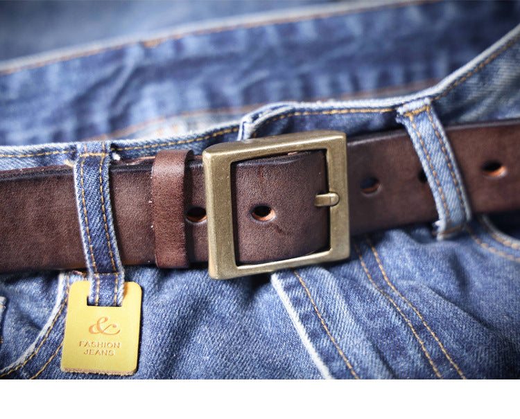 Vintage Men's Genuine Leather Belt Handmade Needle Buckle with Pure Copper Buckle Belt-Leather Belt-Dark Coffee-105cm-Free Shipping Leatheretro