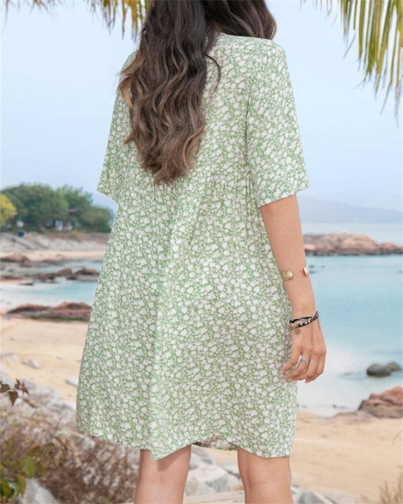 Casual Summer V Neck Button Short Sleeves Daily Dresses-Dresses-Yellow-S-Free Shipping Leatheretro