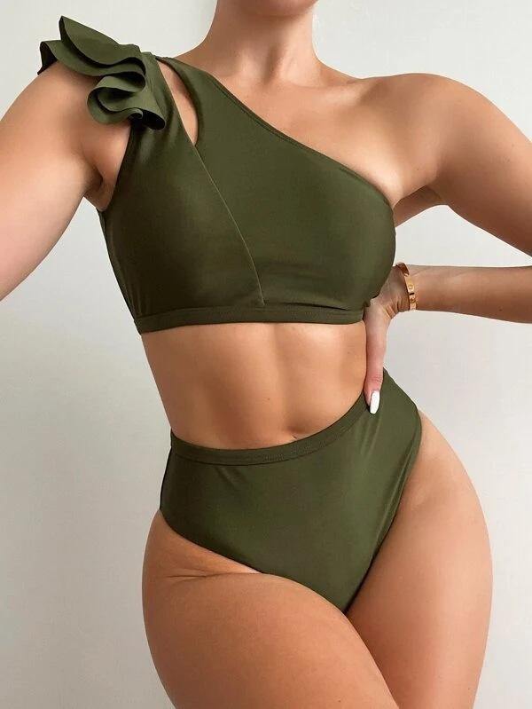 Army Green High Waist Ruffled Bikini-Women Bikini-Army Green-S-Free Shipping Leatheretro