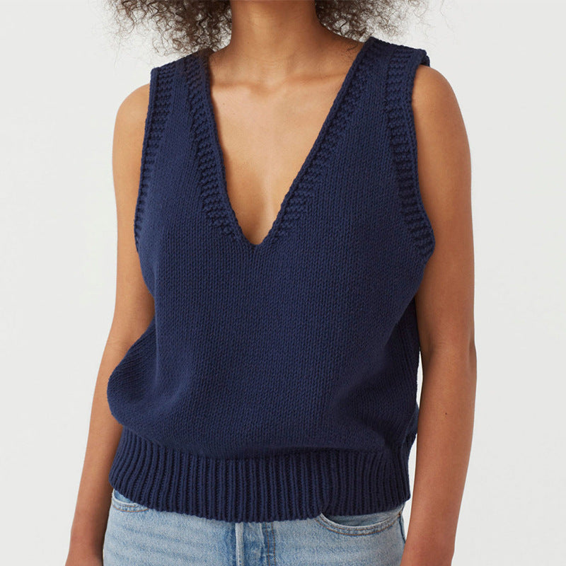 Sexy V Neck Sleeveless Knitted Vest-Vests-Dark Blue-S-Free Shipping Leatheretro