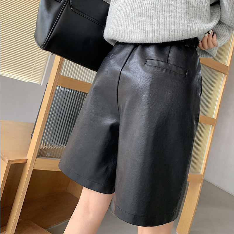 Fashion PU High Waist Knee Pants for Women-Shorts-Black-S-Free Shipping Leatheretro