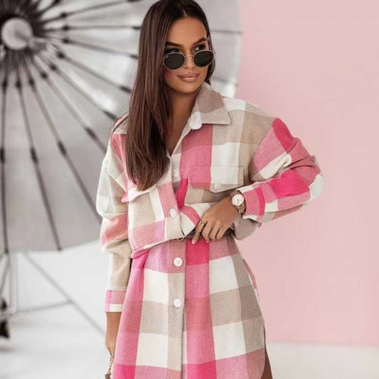 Fashion Colorful Plaid Women Overcoats-Outerwear-Pink-S-Free Shipping Leatheretro