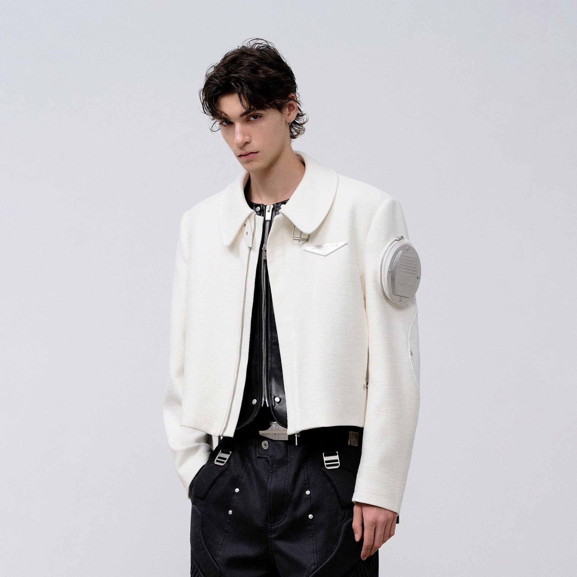 FACEONLAB Arm-Patched Cropped Naval Jacket White-Jacket-M (Preorder)-Free Shipping Leatheretro