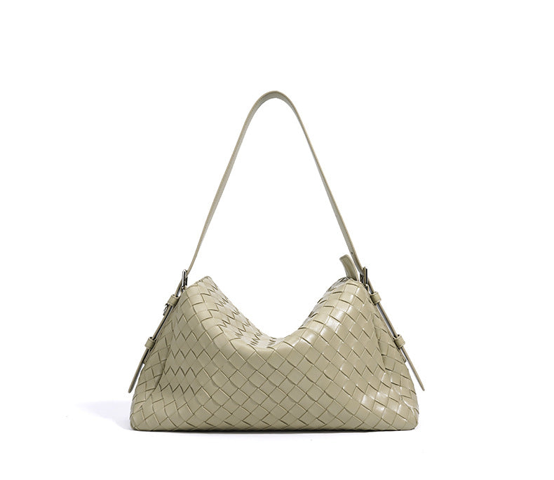 Leather Quilted Shoulder Bag, Elegant Woven Handbag, Stylish & Minimalist-Shoulder Bags-Matcha green-Free Shipping Leatheretro