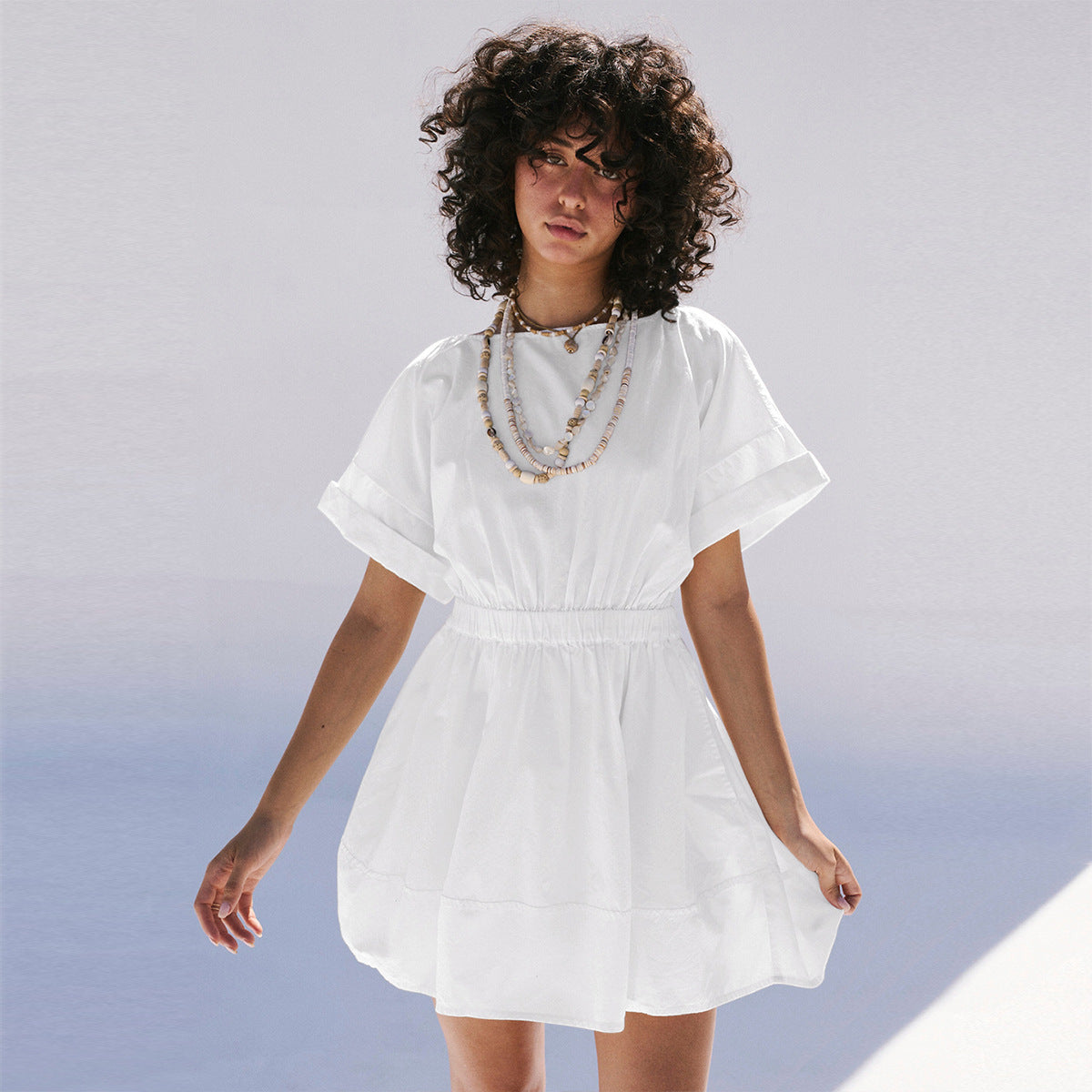 Summer Elastic Waist Short Vacation Dresses-Dresses-Ivory-S-Free Shipping Leatheretro