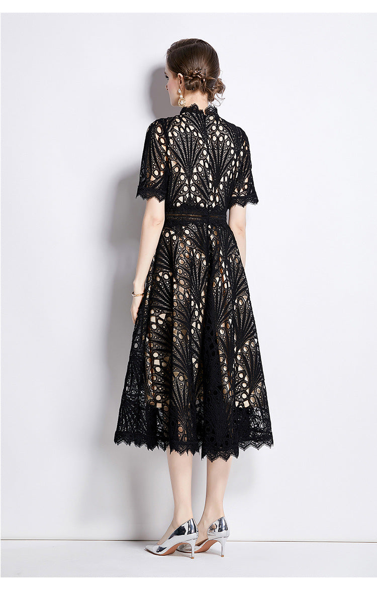 Elegant Round Neck Summer Midi Length Lace Dresses-Dresses-Black-2XL-Free Shipping Leatheretro