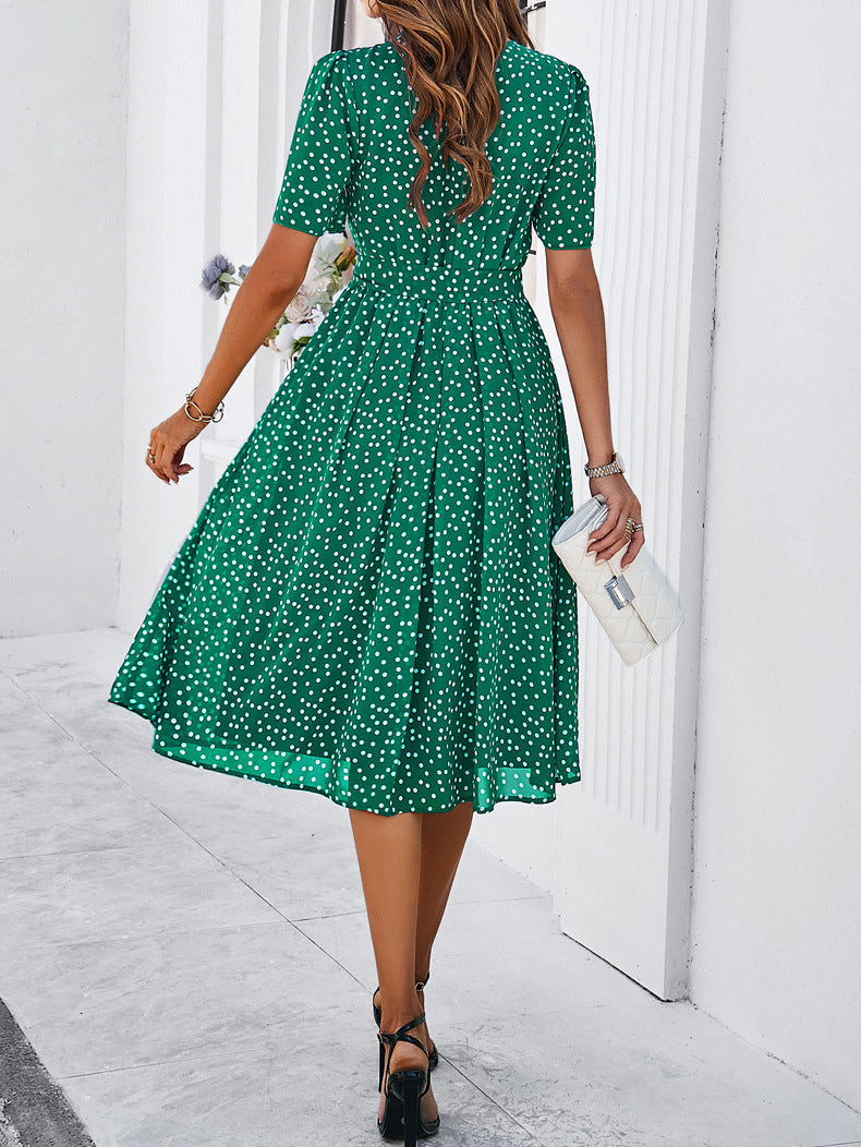 Elegant Polk Dot Short Sleeves Dresses-Dresses-Coffee-S-Free Shipping Leatheretro