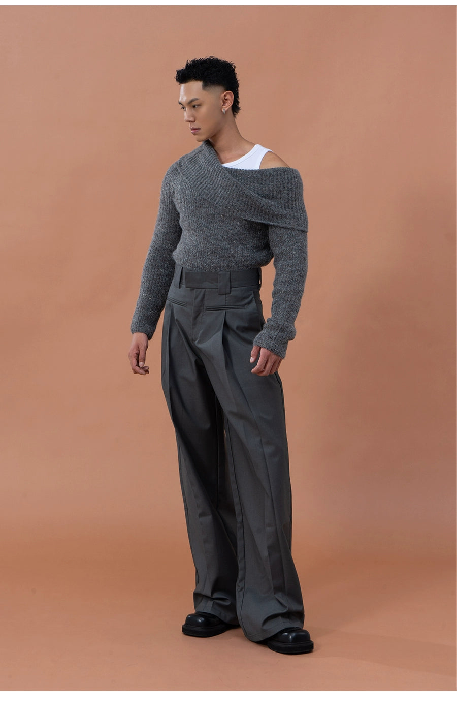 CLP Grey Off-Shoulder Wool Sweater | Relaxed Fit Ribbed Knit-Sweater-Gray-S-Free Shipping Leatheretro