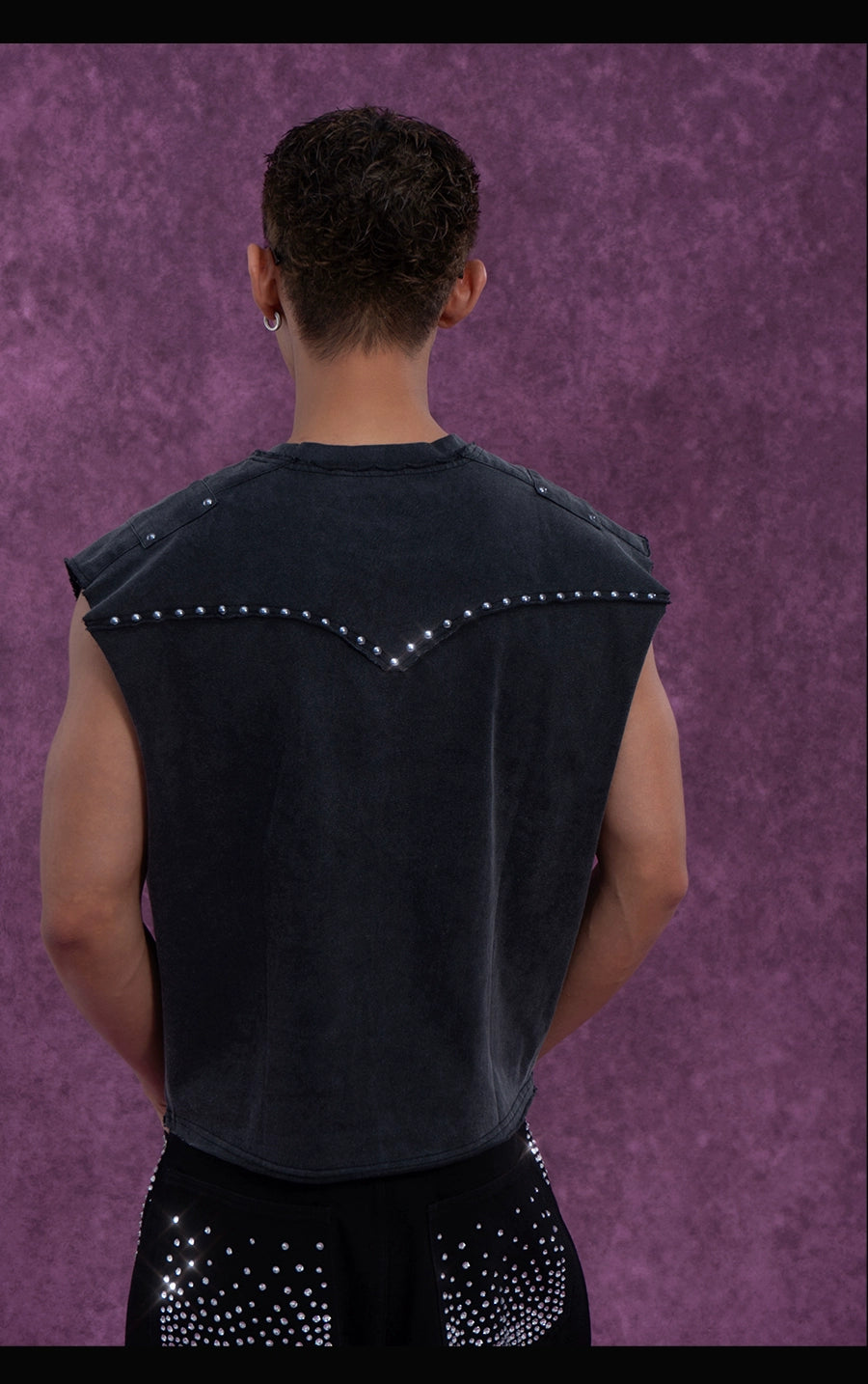 CLP Men's Grey Distressed Sleeveless Vest with Studs and Print - Streetwear Style-Gray-S-Free Shipping Leatheretro