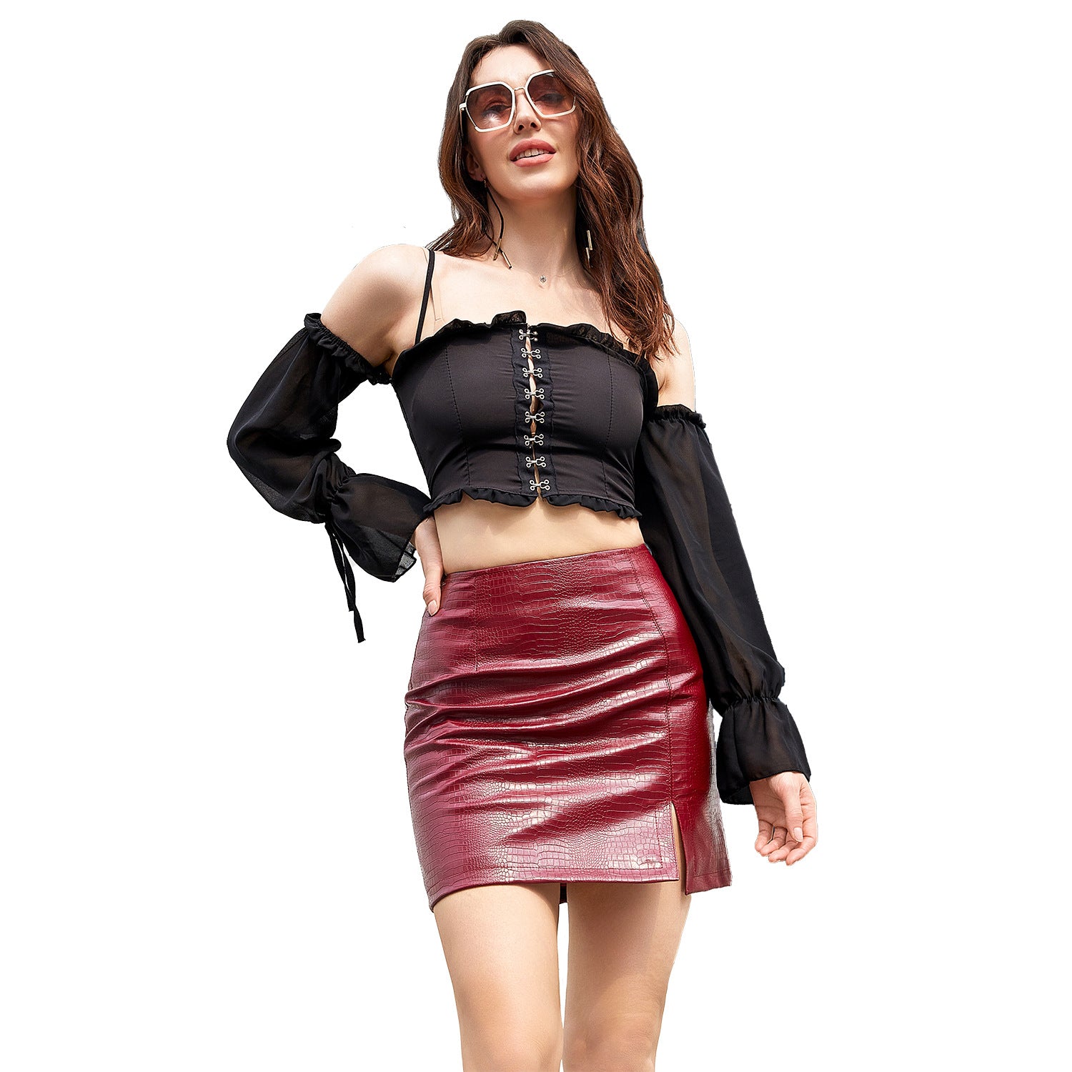Women's Crocodile-Pattern Faux Leather Mini Skirt-black-XS-Free Shipping Leatheretro