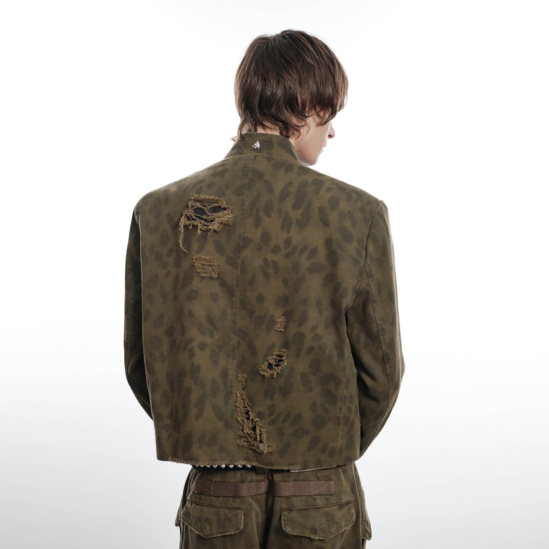 FACEONLAB Camo Leopard Ripped Stand Collar Jacket-Jacket-M-Free Shipping Leatheretro