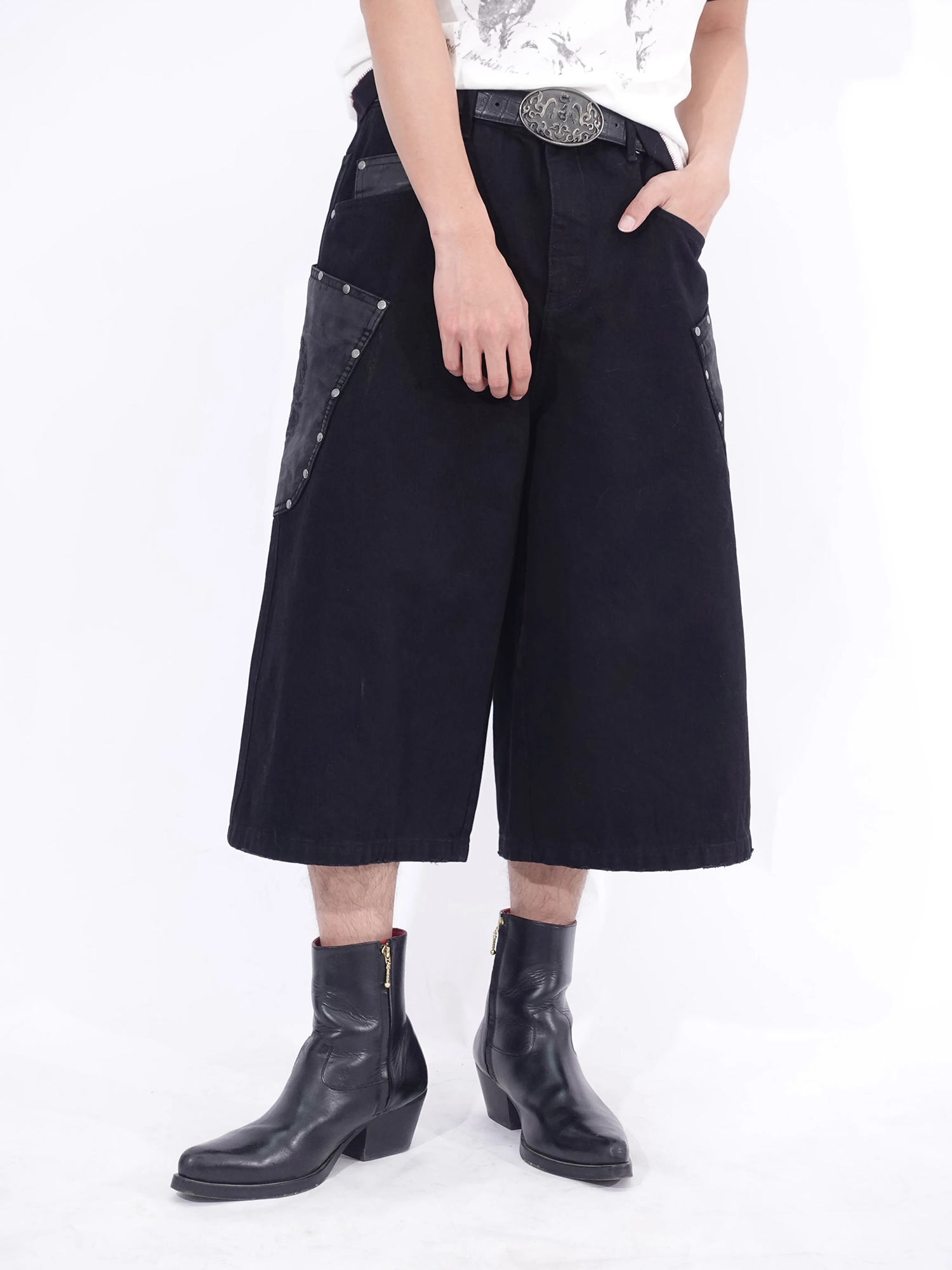 IN EXISTENCE Washed Rivet-Trim Patch Denim Shorts-Shorts-S (1)-Free Shipping Leatheretro