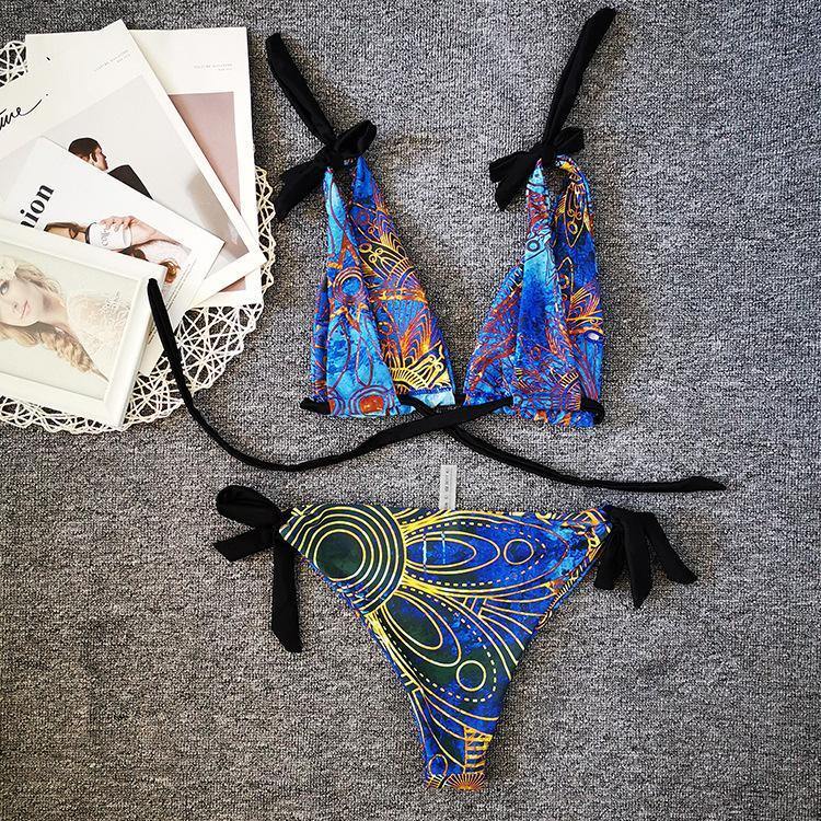 Vintage Floral Print Sexy Bikini Swimwear-Women Swimwear-Blue-S-Free Shipping Leatheretro