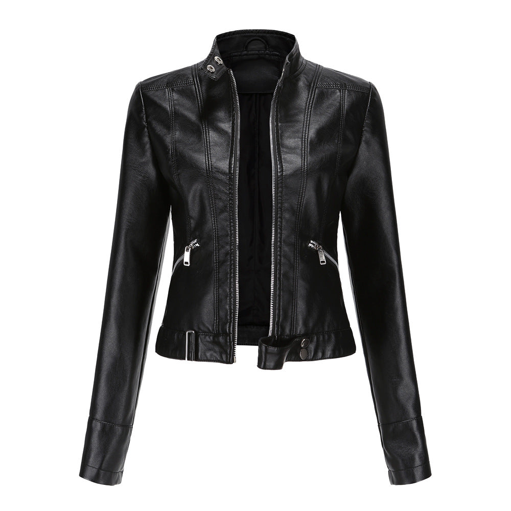 Women's Short Faux Leather Jacket-Black-S-Free Shipping Leatheretro