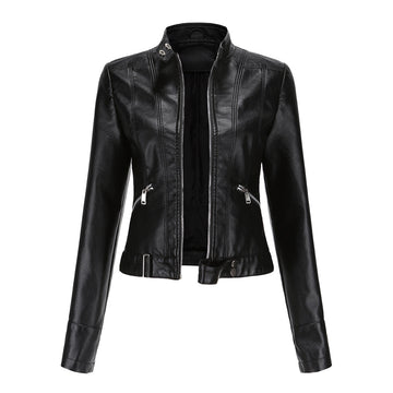 Women's Short Faux Leather Jacket-Black-S-Free Shipping Leatheretro