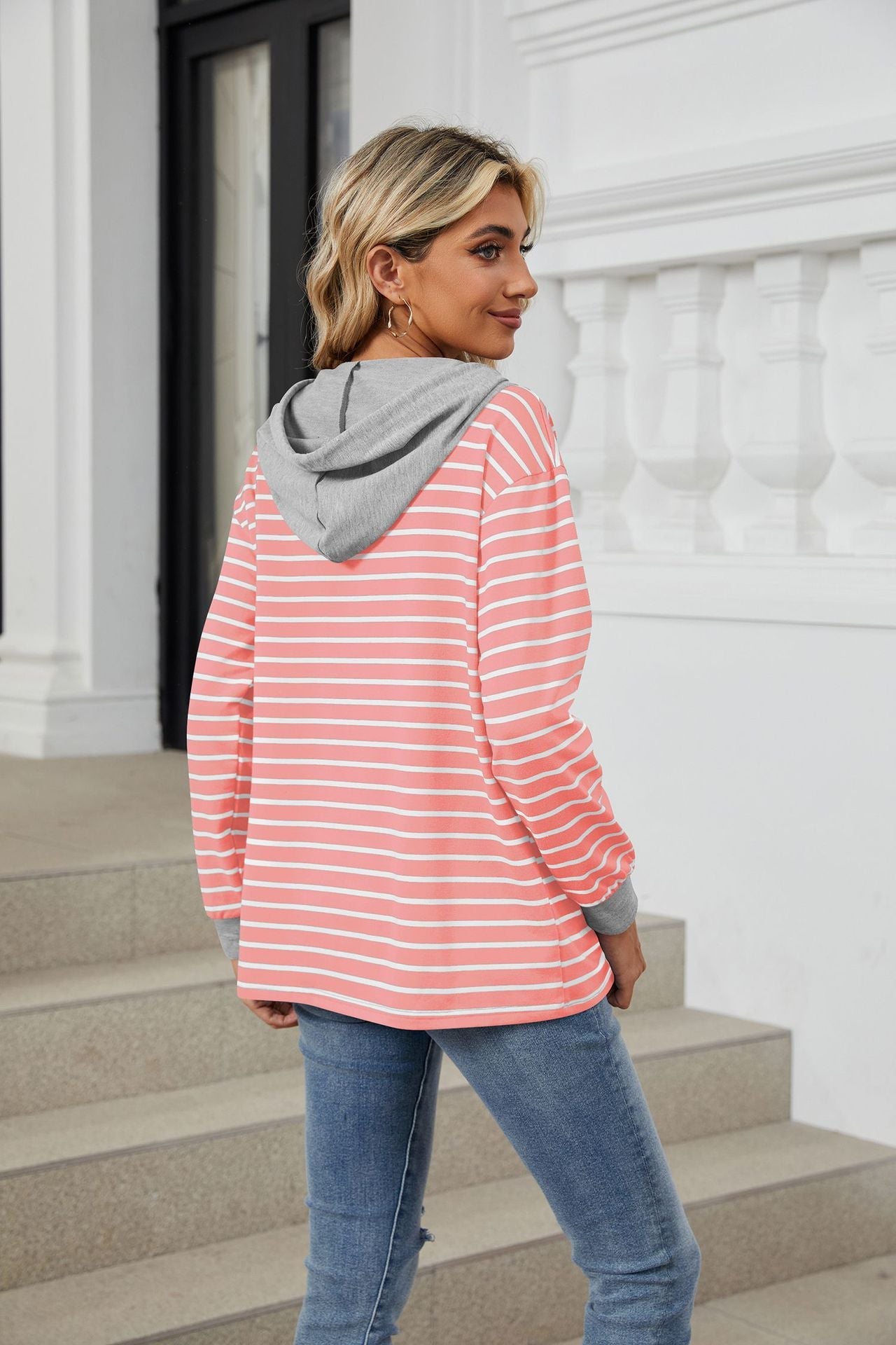 Casual Striped Long Sleeves Hoodies-Sweater&Hoodies-Navy Blue-S-Free Shipping Leatheretro