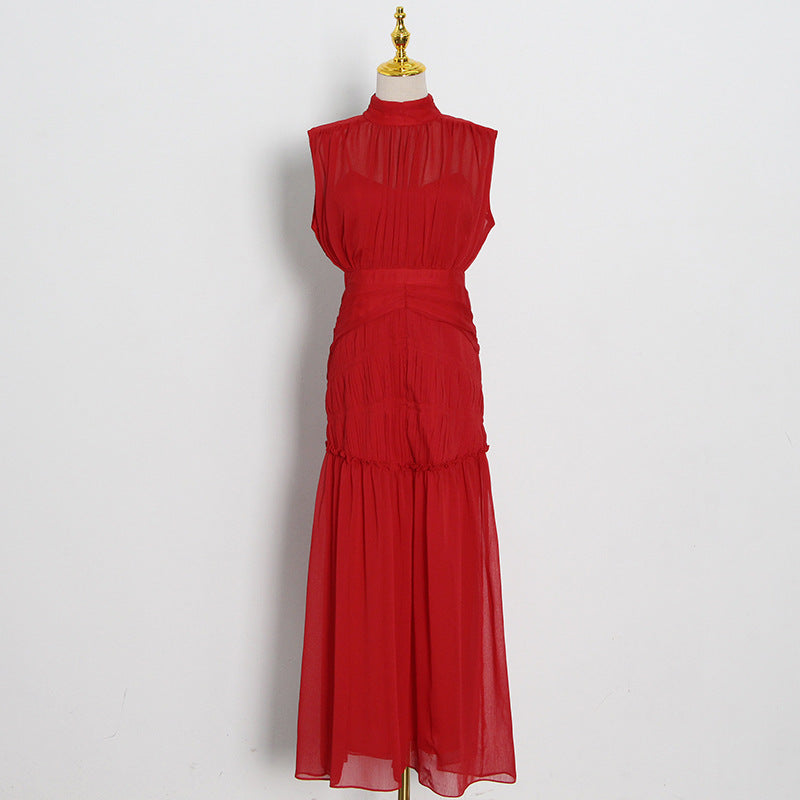 Sexy Chiffon Stand Collar Long Maxi Dresses-Dresses-Red-S-Free Shipping Leatheretro