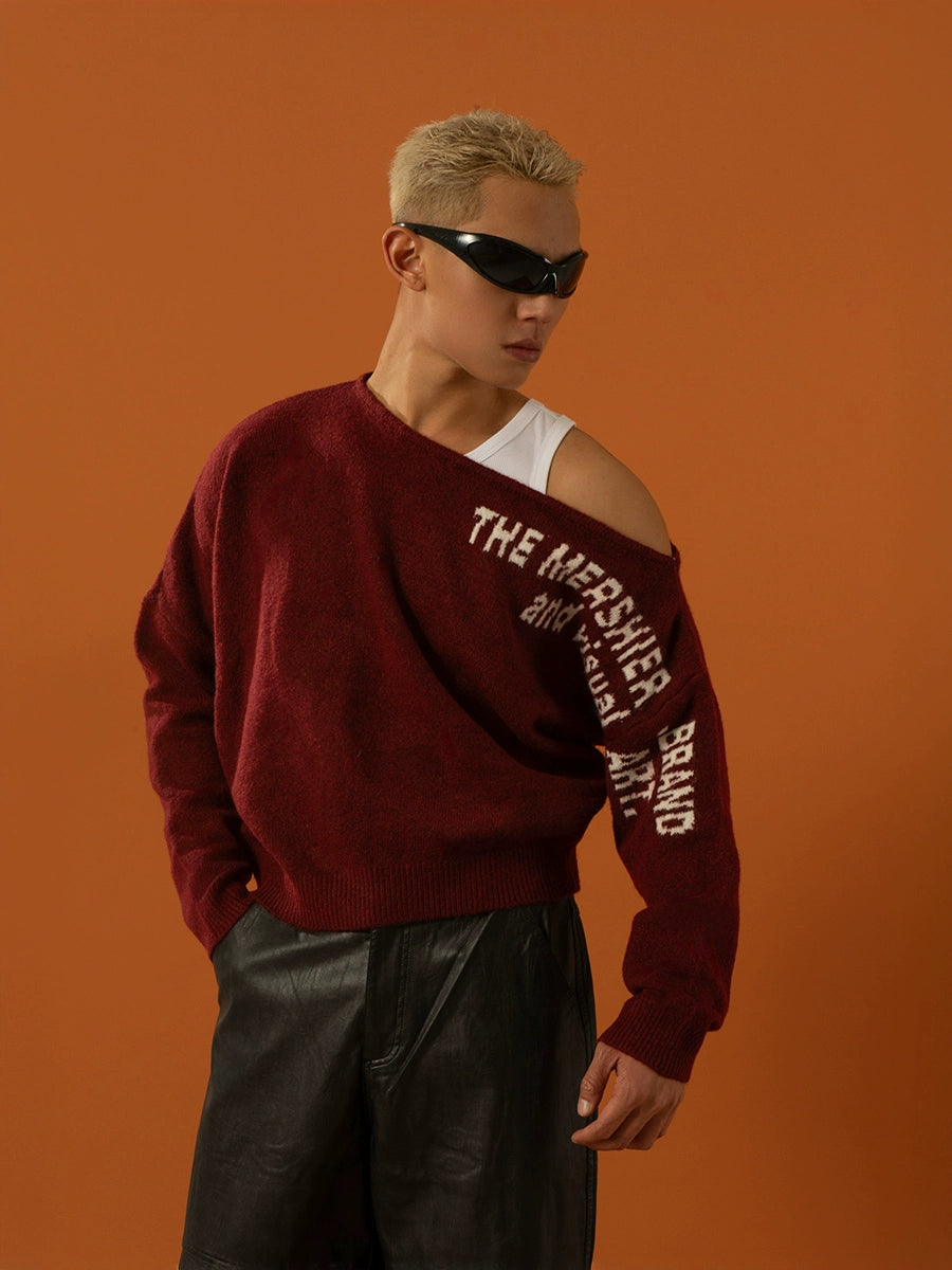 CLP Oversized Off-Shoulder Boat Neck Sweater-Red-S-Free Shipping Leatheretro