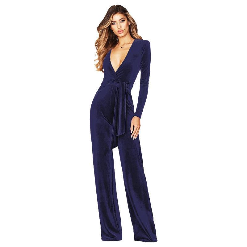 Sexy Deep V Neck Long Sleeves Jumpsuits-Suits-Dark Blue-S-Free Shipping Leatheretro