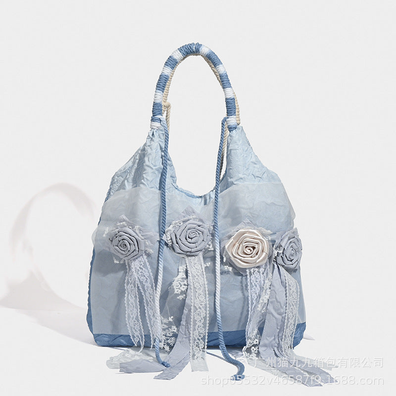 Vintage 3D Rose Design Lace Blue Shoulder Handbags-Handbags-Blue-Free Shipping Leatheretro