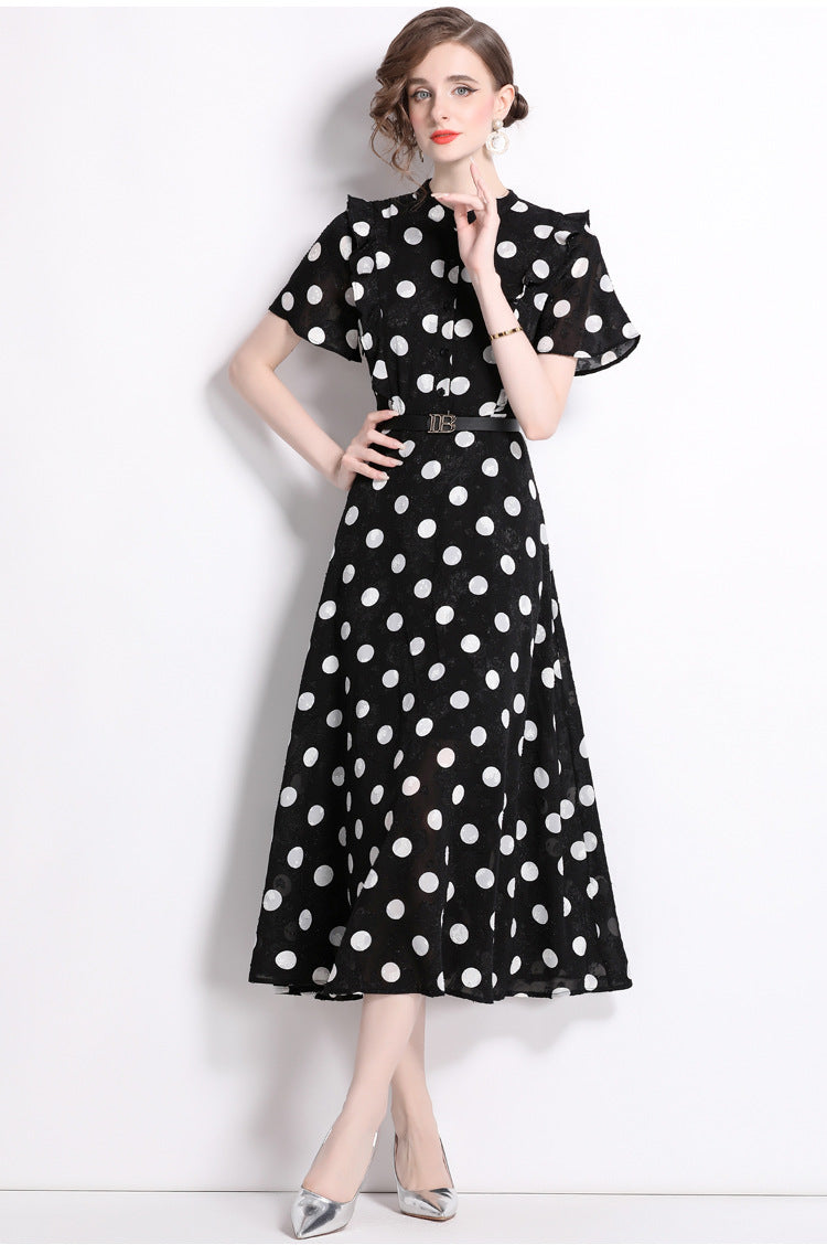 Elegant Polk Dot Short Sleeves Midi Length Dresses-Dresses-Black-2XL-Free Shipping Leatheretro