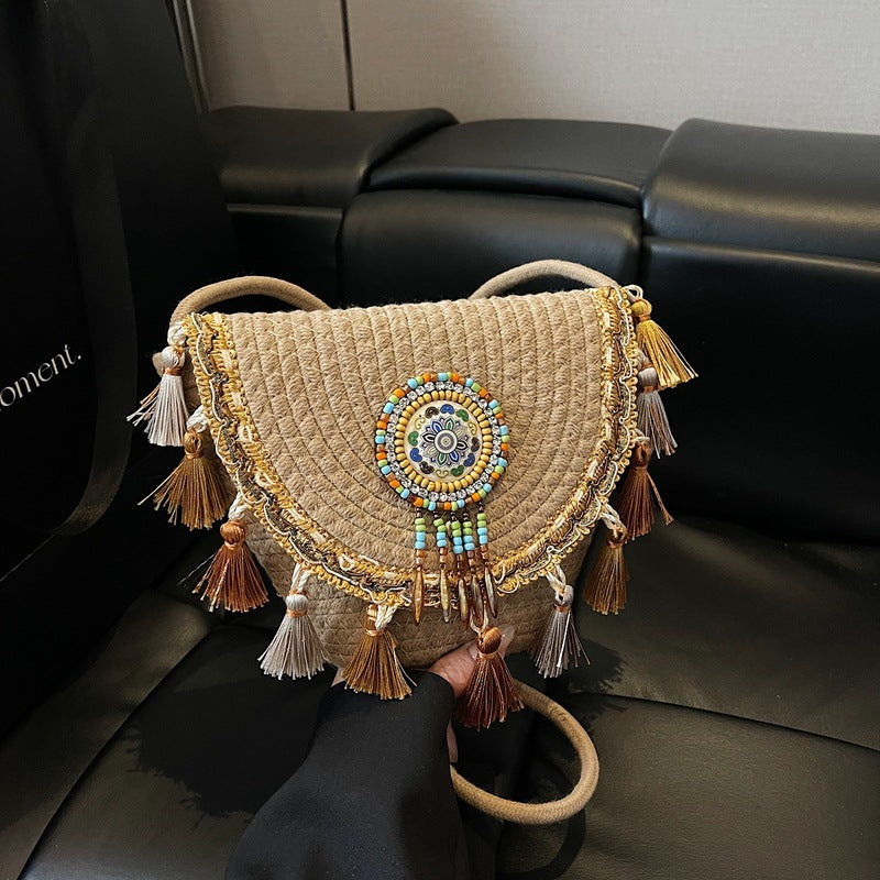 Bohemian Straw Woven Handbag-khaki-Free Shipping Leatheretro