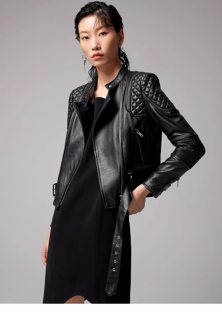 Women’s Slim-Fit Black Biker Jacket-Black without Velvet-S 40-45kg-Free Shipping Leatheretro