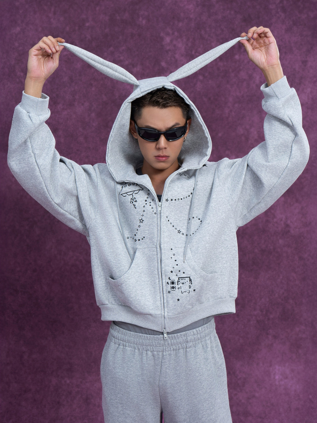 CLP Men's Gray Cartoon Rabbit Print Hooded Sweatshirt Jacket-Gray-S-Free Shipping Leatheretro