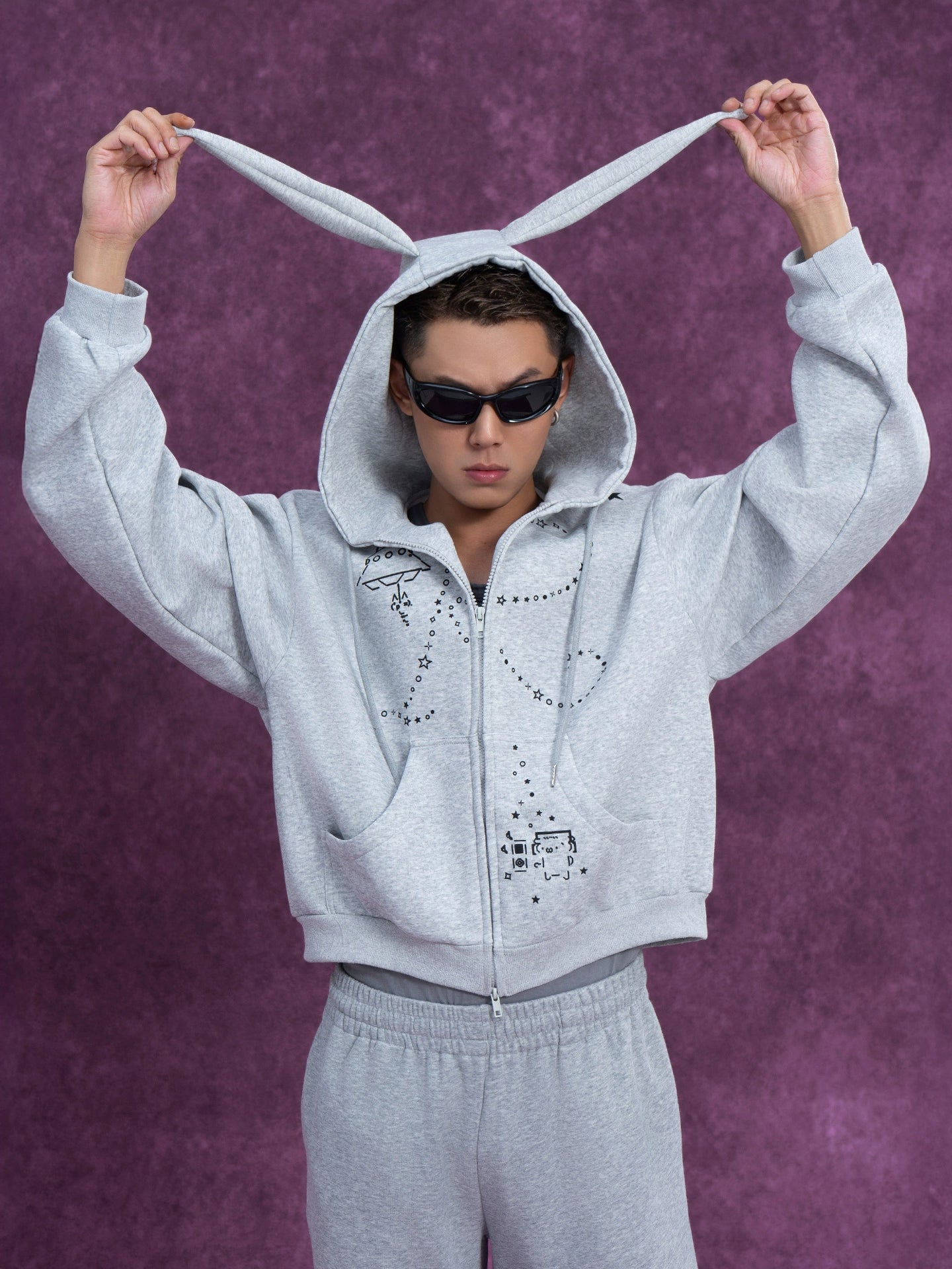 CLP Men's Gray Cartoon Rabbit Print Hooded Sweatshirt Jacket-Gray-S-Free Shipping Leatheretro