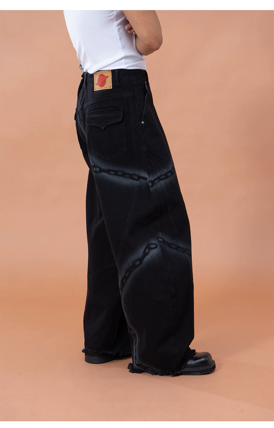 CLP Men's Black Chain Print Cargo Wide Leg Jeans-Black-S-Free Shipping Leatheretro