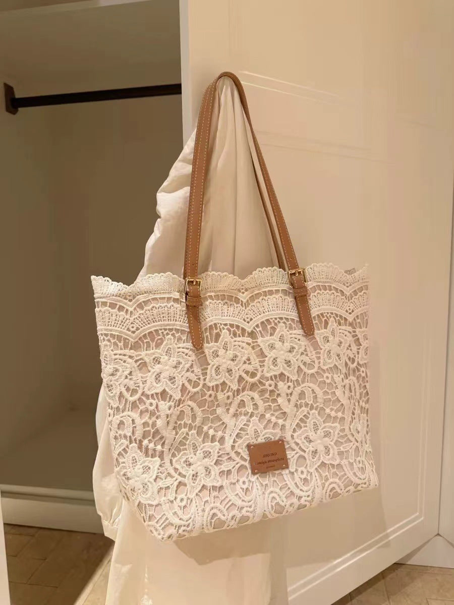 Women's Summer Beach Tote Bag – Large Capacity French Boho Lace Shoulder Bag-米白色-Free Shipping Leatheretro