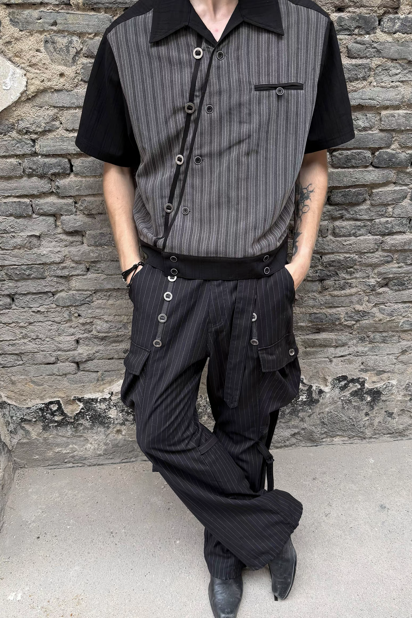 ESAIAS Jacquard Pinstripe Asymmetrical Paneled Half Shirt-Half shirt-S-Free Shipping Leatheretro