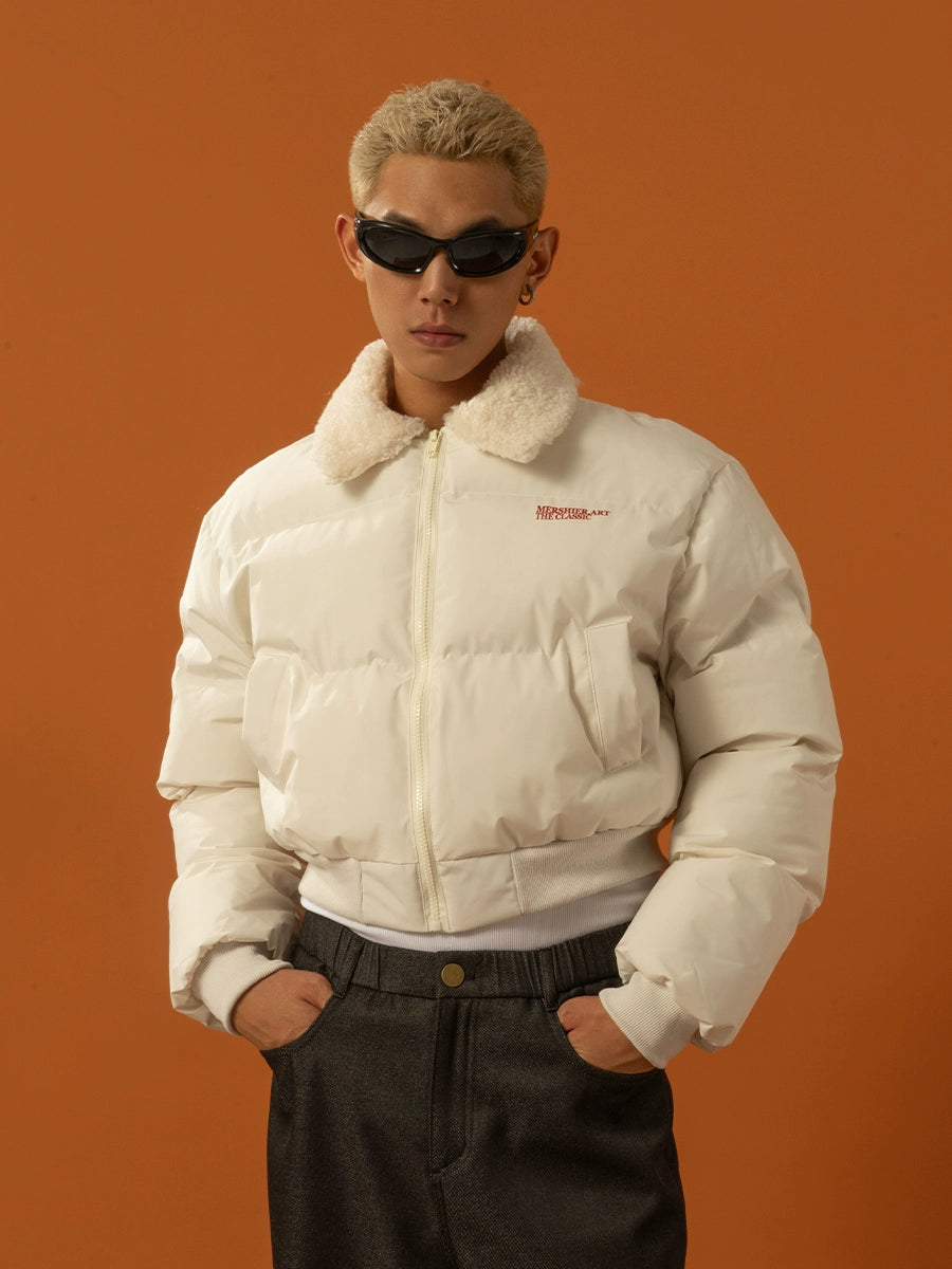 CLP Unisex Short Puffy Jacket with Sherpa Collar-Blue-S-Free Shipping Leatheretro