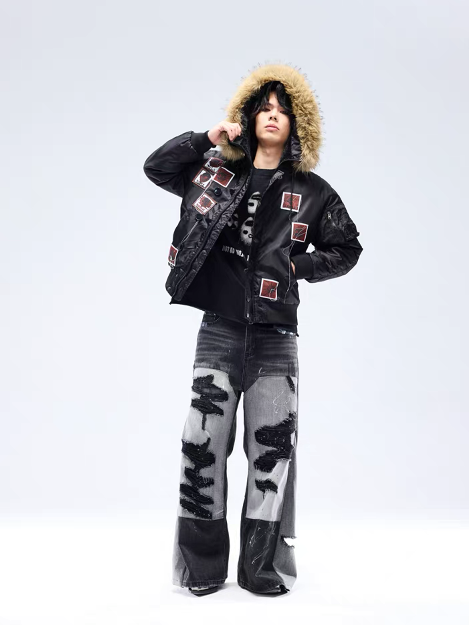 NOTHINGNESS WORLD Faux Fur Patch Hooded Puffer Jacket-Jacket-S (Preorder)-Black-Free Shipping Leatheretro