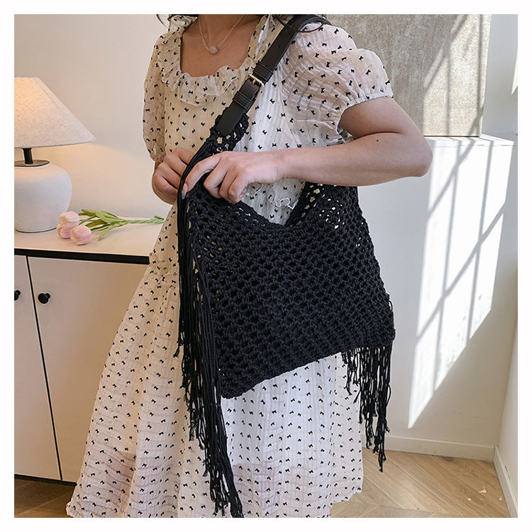 Retro Fringe Handwoven Crochet Tote Bag-Black-Free Shipping Leatheretro
