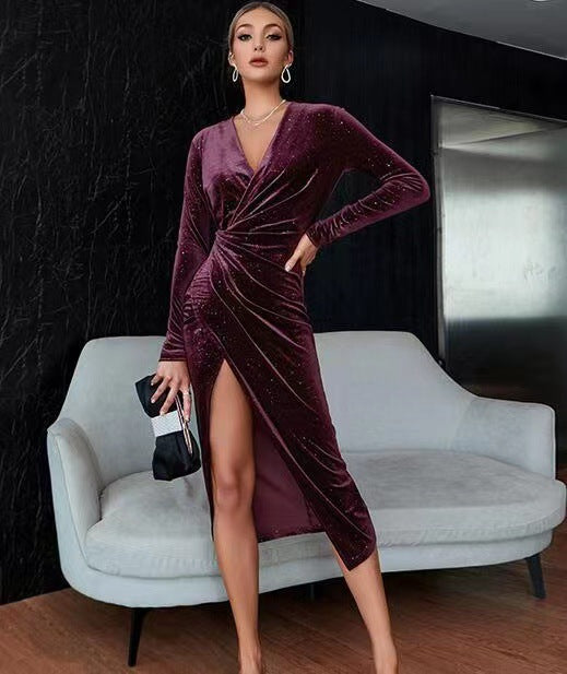 Sexy V Neck Midi Length Night Party Dresses-Dresses-Dark Red-S-Free Shipping Leatheretro