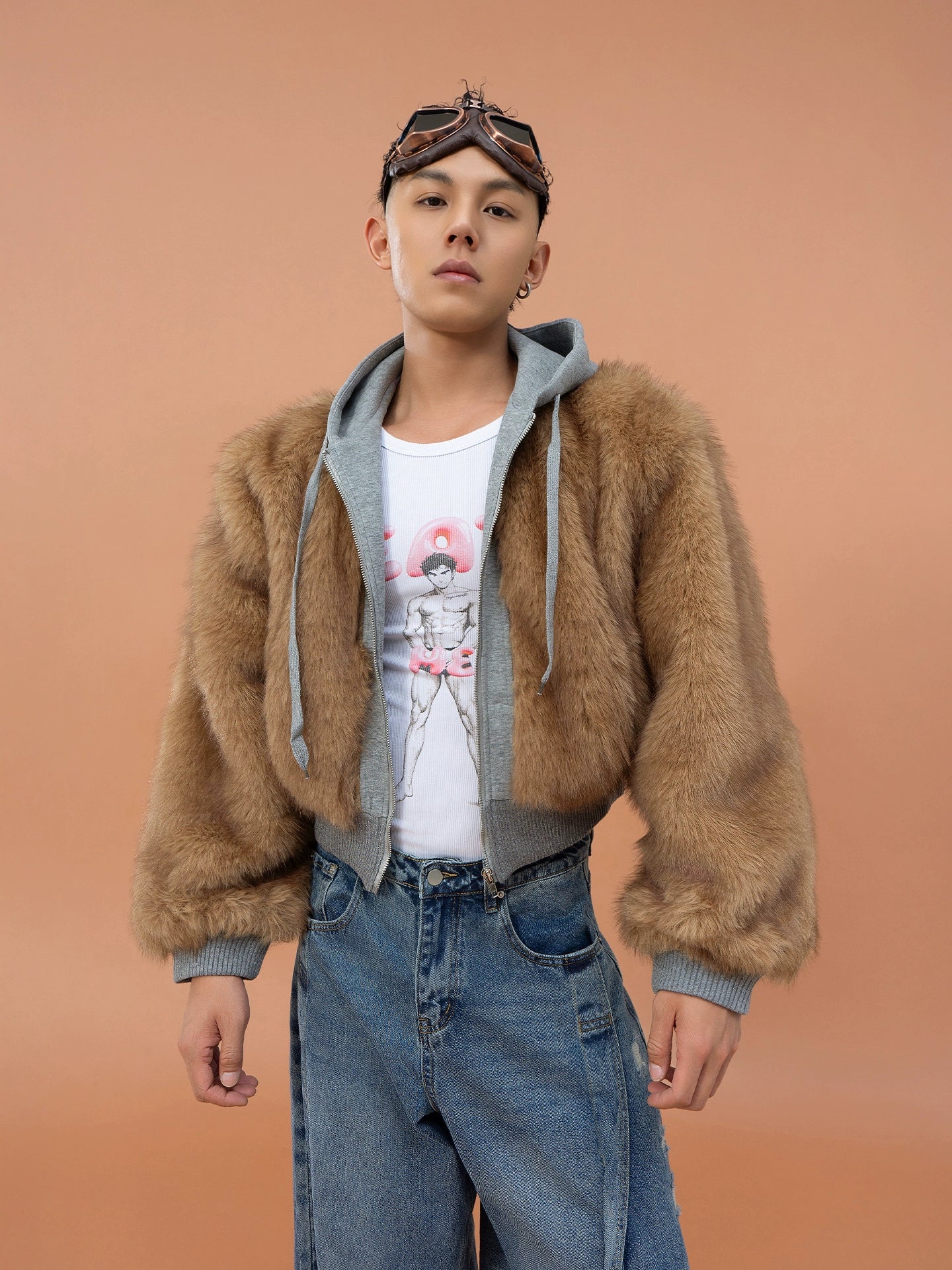 CLP Unisex Cropped Faux Fur Hoodie - Taupe Brown Zip-Up Coat-Brown-S-Free Shipping Leatheretro