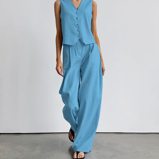 Casual V Neck Sleeveless Tops and Pant Suits-Suits-Blue-S-Free Shipping Leatheretro