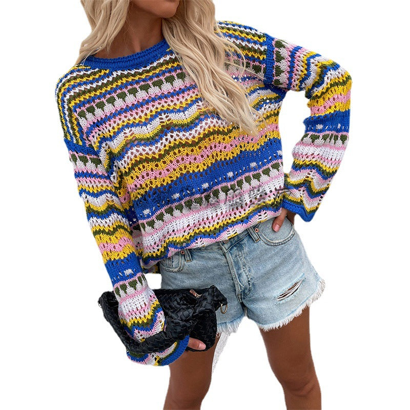 Casual Bohemian Striped Knitted Sweaters-Sweater&Hoodies-Green-S-Free Shipping Leatheretro