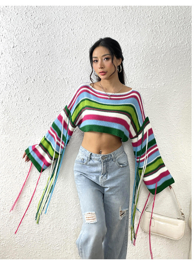 Sexy Rainbow Striped Tassels Short Knitted Blouses-Shirts & Tops-A-S-Free Shipping Leatheretro