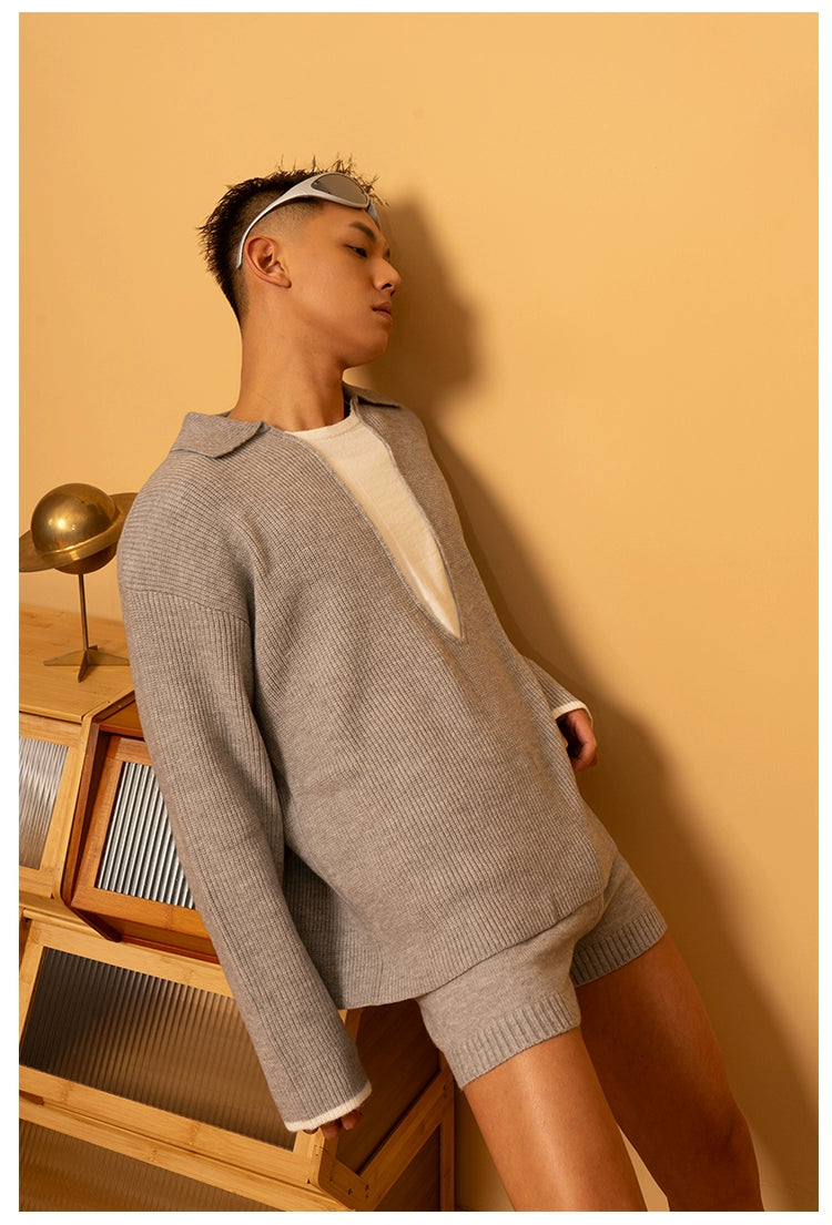 CLP Unisex Ash Black Navy Collar Knit Sweater-Gray-S-Free Shipping Leatheretro