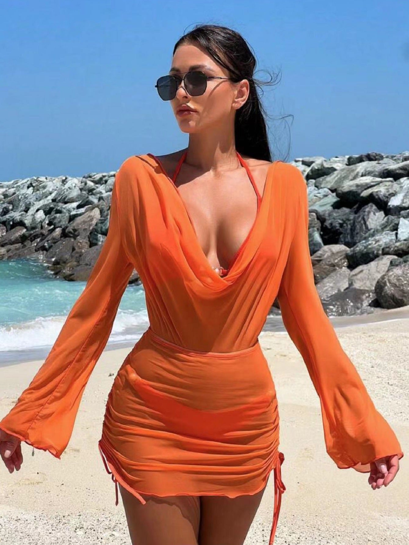 Sexy Backless 3pcs Swimsuits-Swimwear-Orange-S-Free Shipping Leatheretro