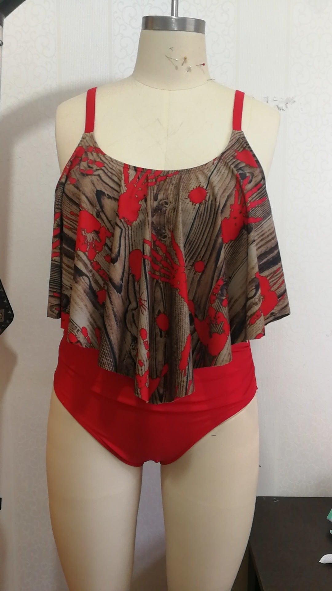 Red Ruffled Red Two Pieces Plus Sizes Summer Swimsuits-Swimwear-Red-L-Free Shipping Leatheretro