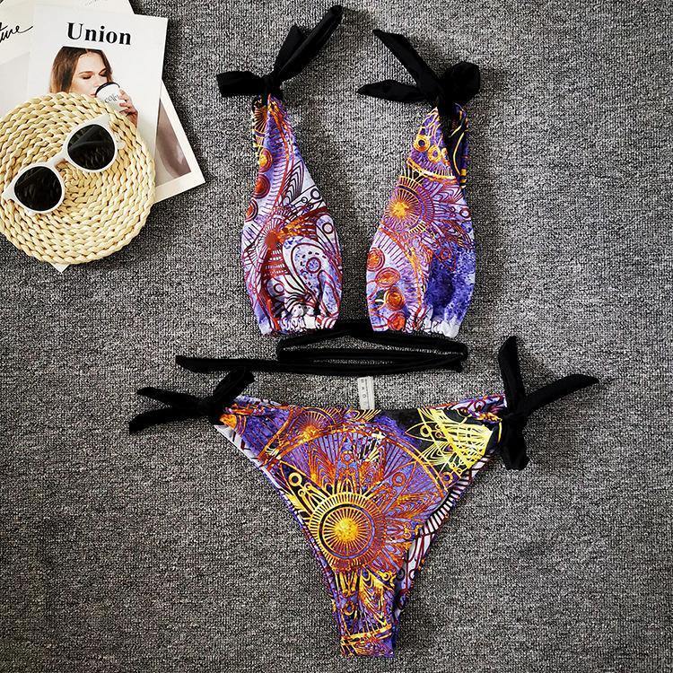 Vintage Floral Print Sexy Bikini Swimwear-Women Swimwear-Purple-S-Free Shipping Leatheretro