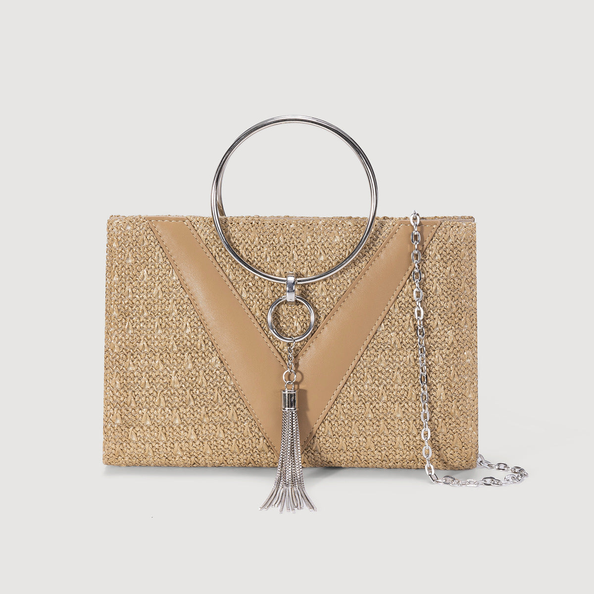 Women's Straw Woven Bag with Chain Strap-apricot-Free Shipping Leatheretro