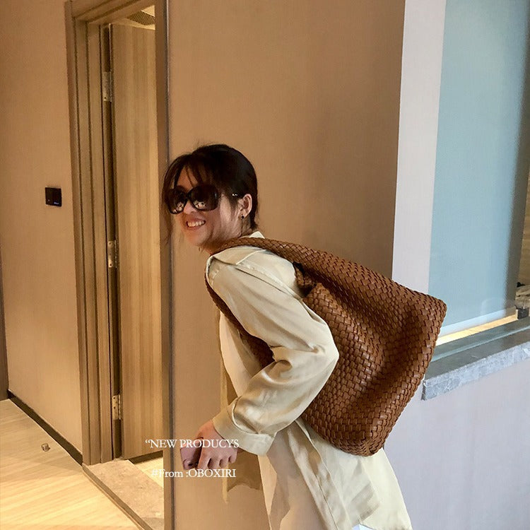 Handwoven Faux Leather Shoulder Tote Bag for Women-Black-Free Shipping Leatheretro