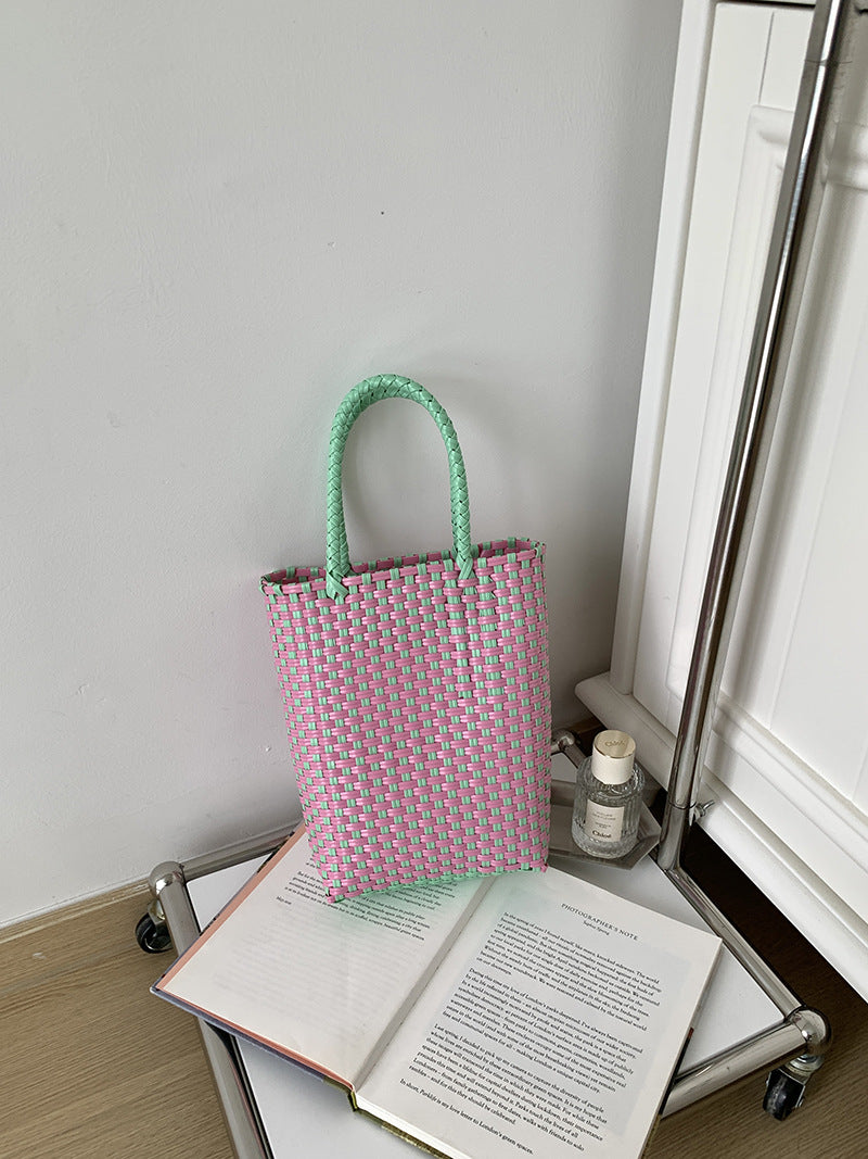 Summer PVC Handwoven Beach Bag – Colorful Boho Tote, Gift Basket & Casual Carryall-Beach Bags-Pink green-Free Shipping Leatheretro