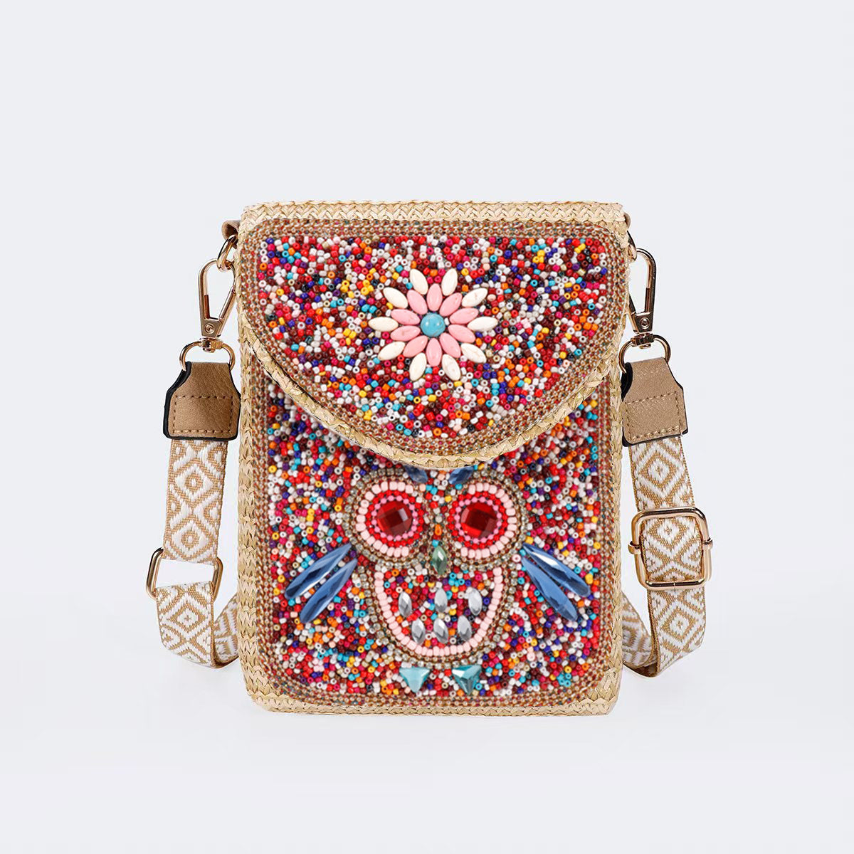 Woven Straw Crossbody Bag with Beaded Detail-20#-13*3.5*19-Free Shipping Leatheretro